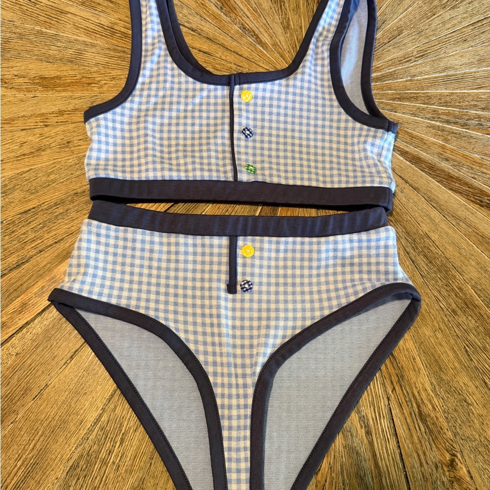 Blue Gingham Retro Bikini High Waist Modest Swimsuit Size Medium coastal cottage
